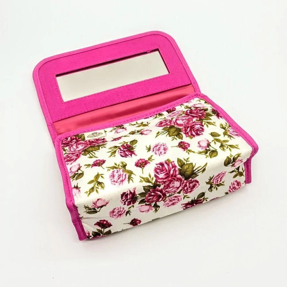 NaRaYa Magenta Pink Rose Floral Cotton Mirrored Makeup Case